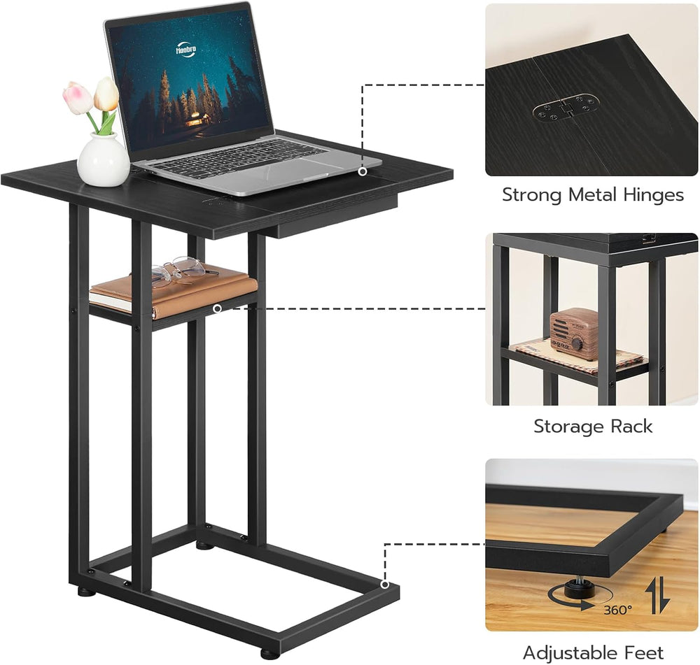 HOOBRO Foldable C Shaped End Table, C Shaped Side Table with Storage Shelf