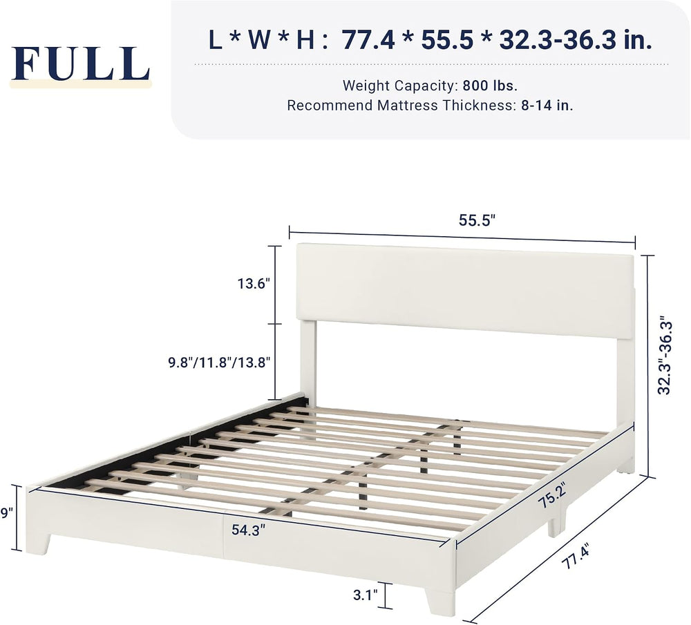 Allewie Full Size Upholstered Bed Frame Adjustable Headboard, White