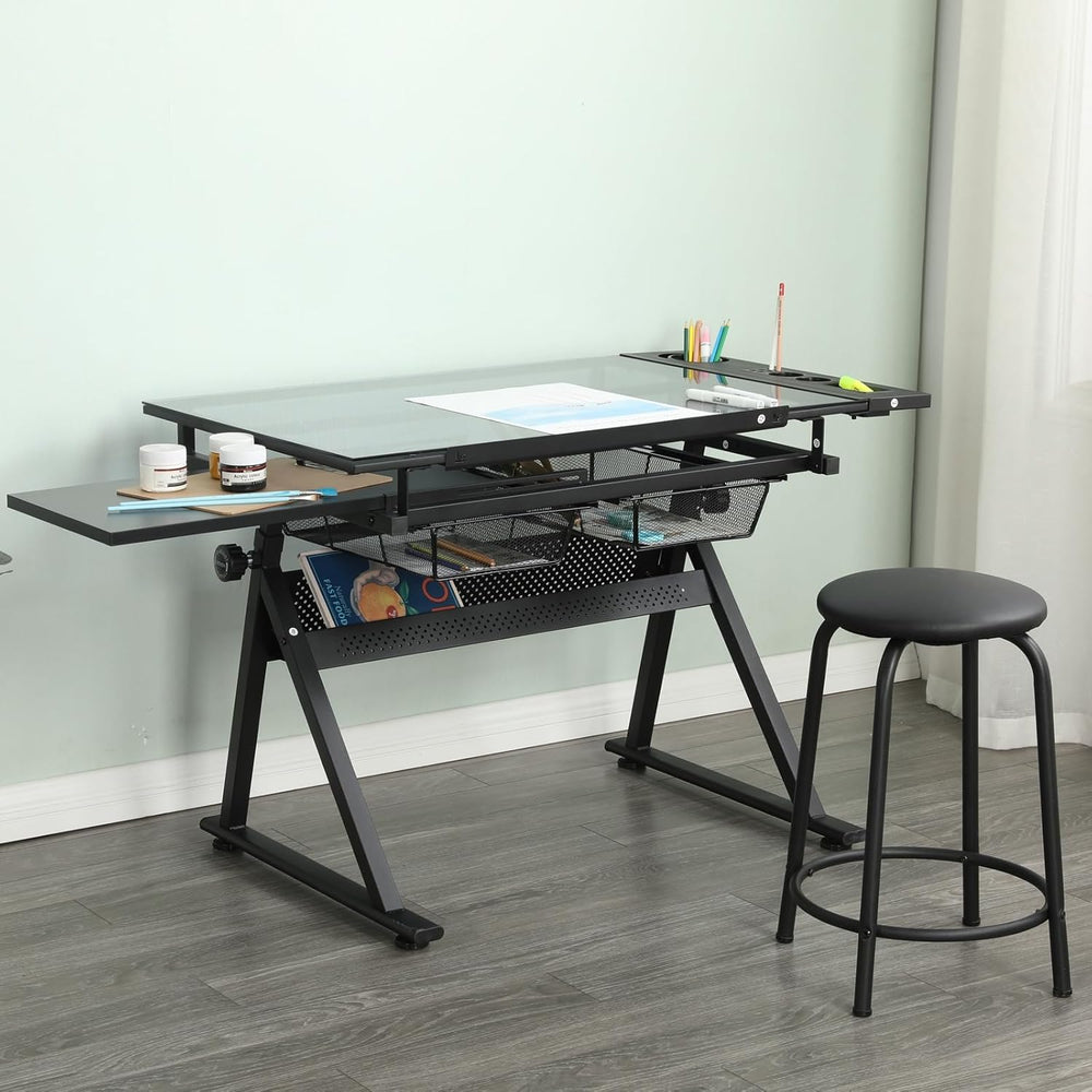 Drafting Table Drawing Desk Art Tabe with Stool & Storage, Black