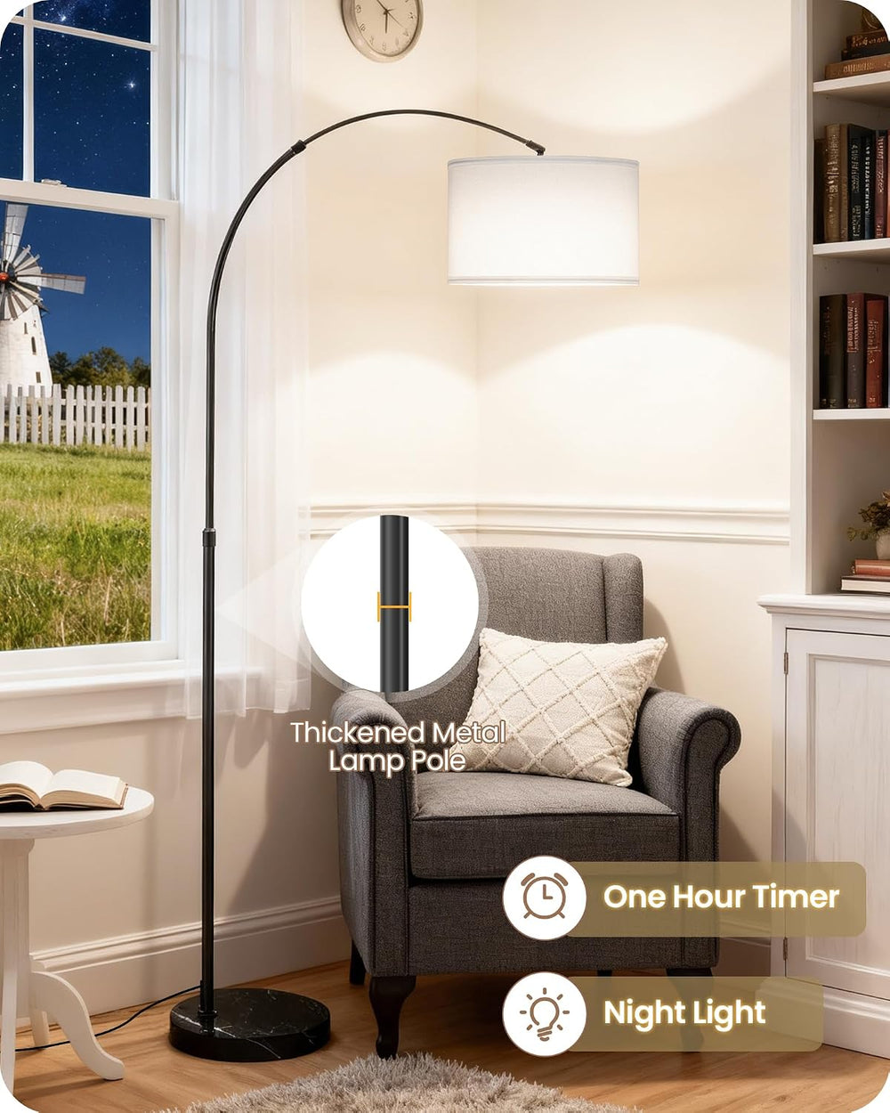 75" Dimmable Arc Lamp with Marble Base, Adjustable Height,White Linen Shade