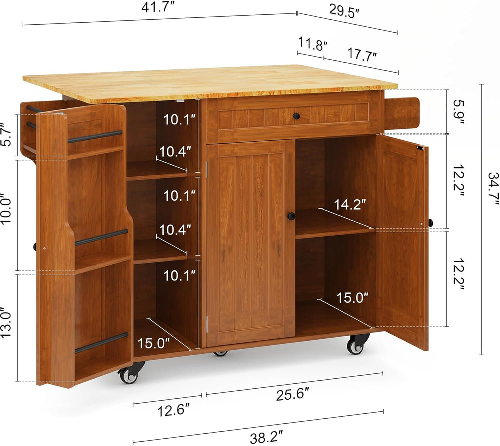 Ahomly Rolling Kitchen Island with Storage, Drop Leaf and Drawer, Brown