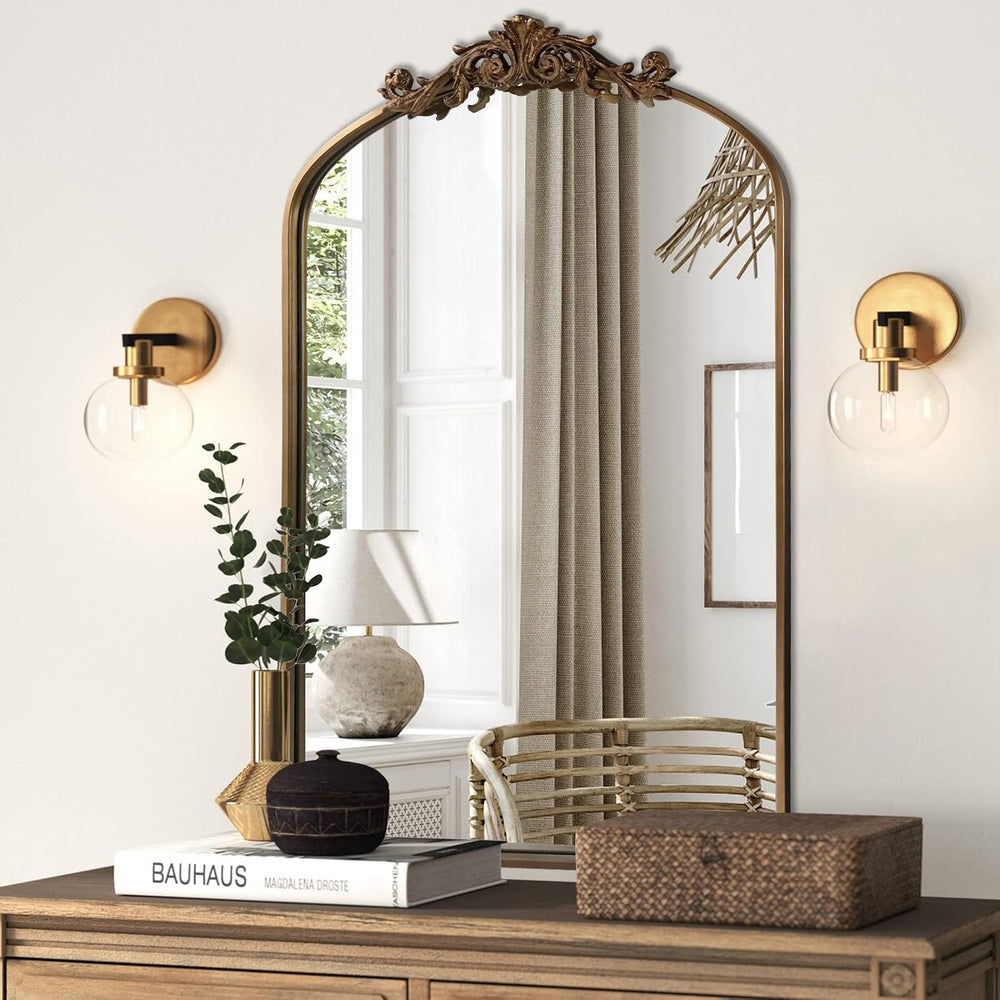 HQiJun Antique Gold Arched Baroque Mirror 24x36 - Brass Finish Metal Frame, I...