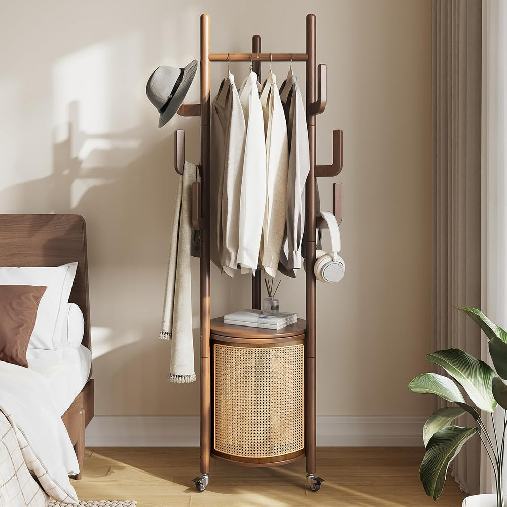 Yoobure Solid Wood Coat Rack - Rolling Clothes Rack with Rattan Basket