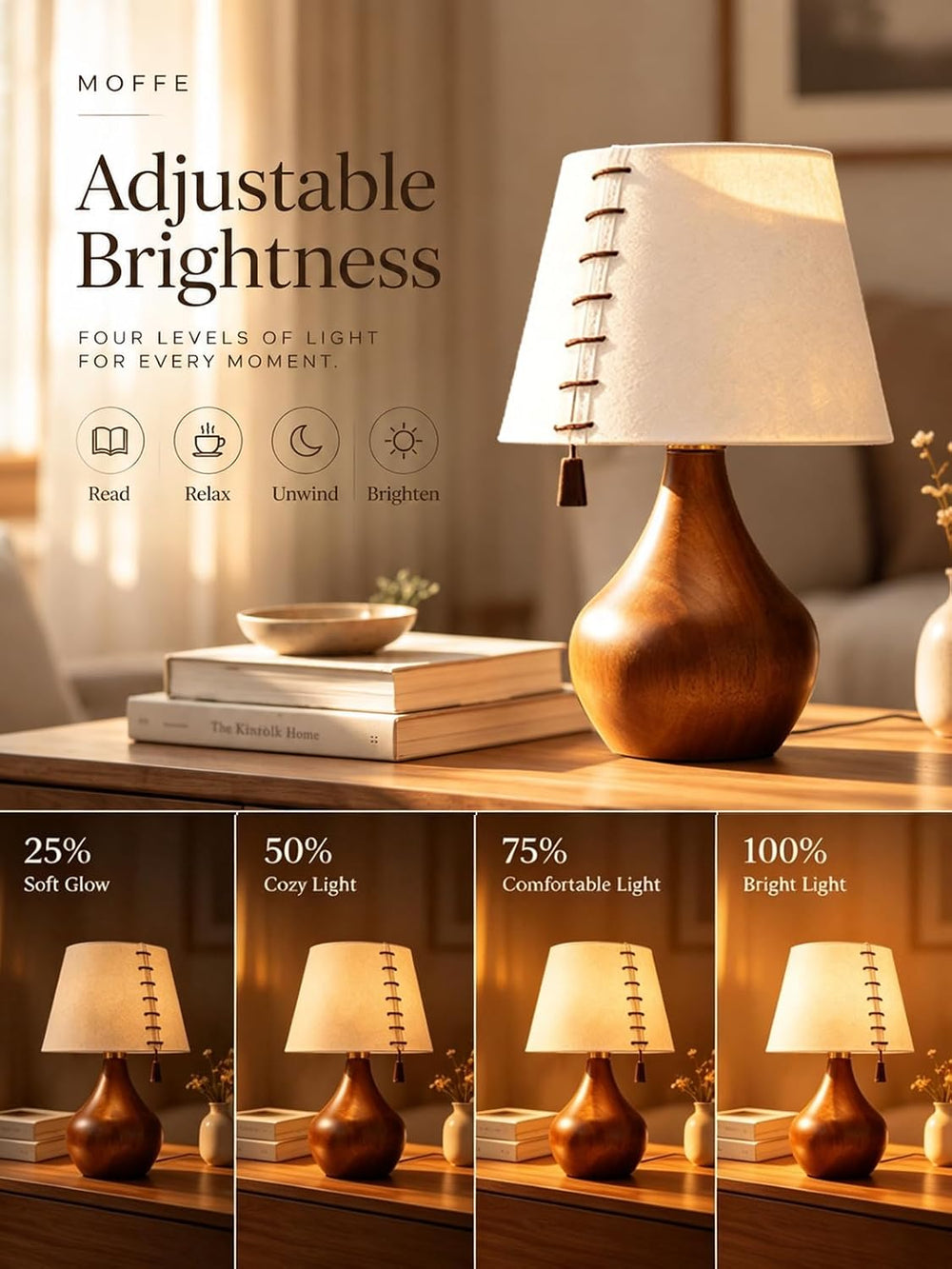 MOFFE Solid Wood Table Lamp for Bedroom with One-Piece Shade