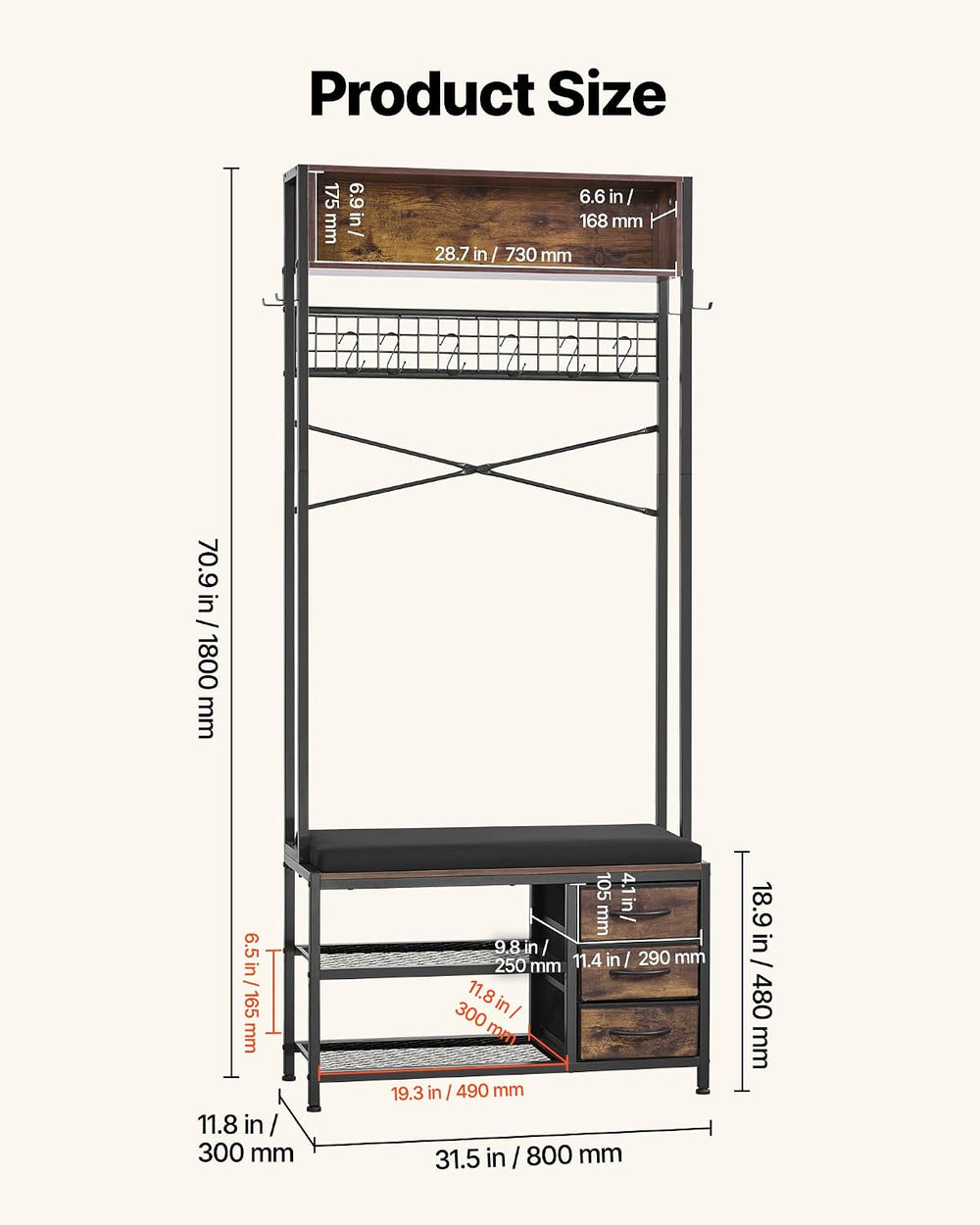 VEVOR Hall Tree with Bench and Shoe Storage, Entryway Bench with Coat Rack, 3...