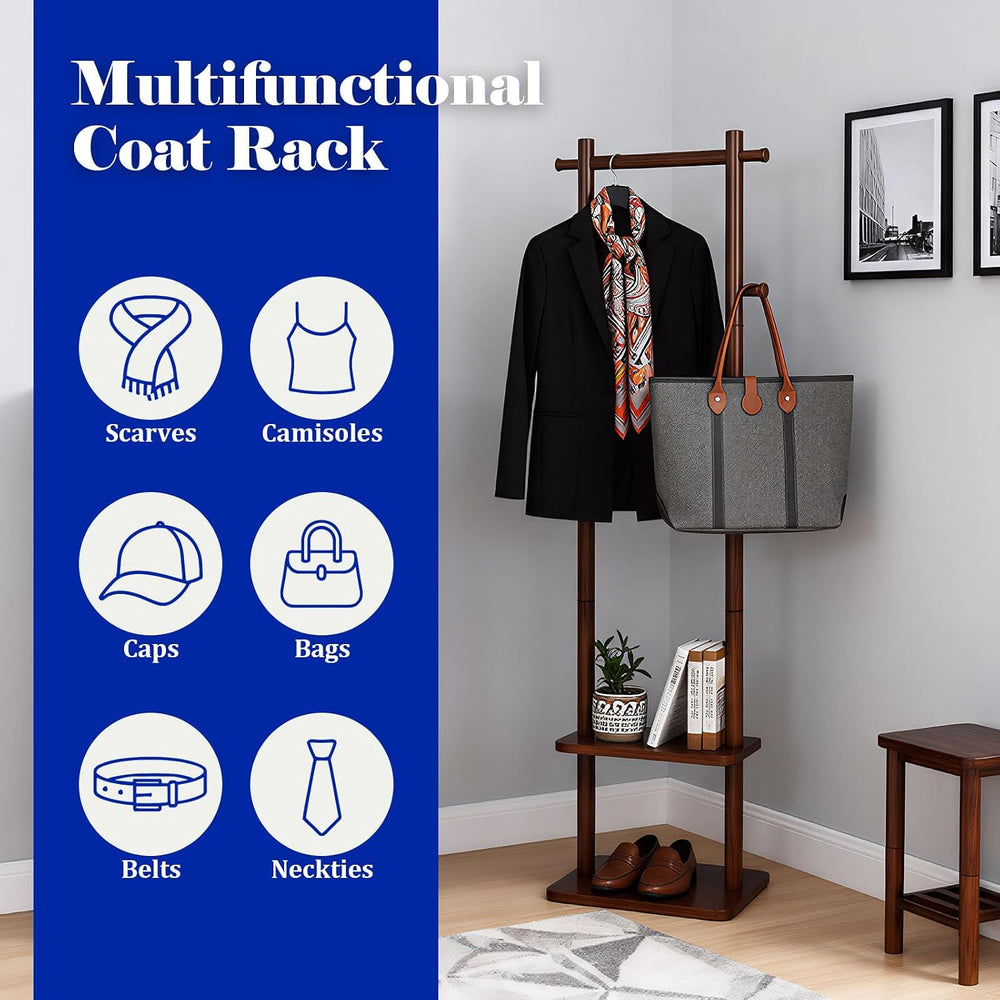 Solid Wood Coat Rack Freestanding,Clothing Tree Racks with 2-layer Shelves St...
