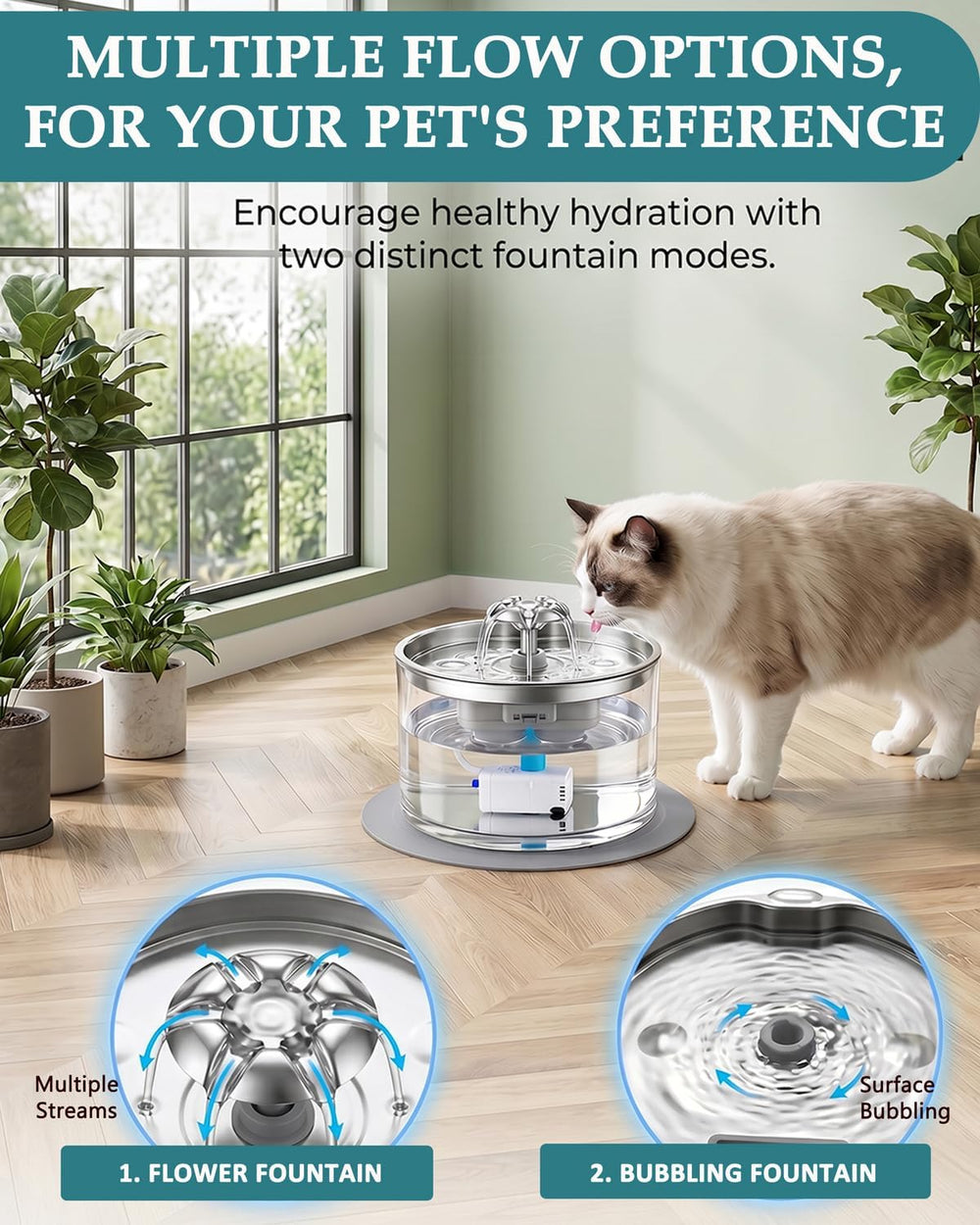 2.8L/95oz Glass Cat Water Fountain with Stainless Steel Lid