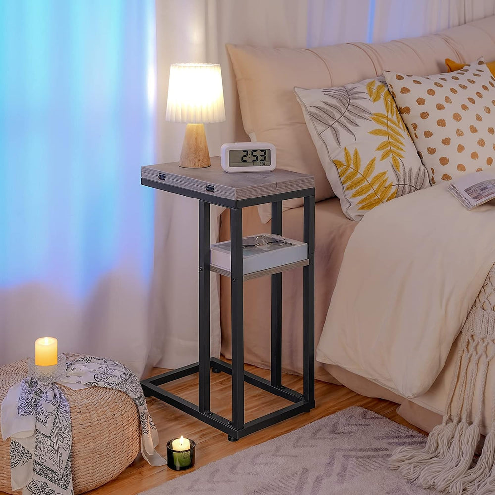 HOOBRO Foldable C Shaped End Table, C Shaped Side Table with Storage Shelf