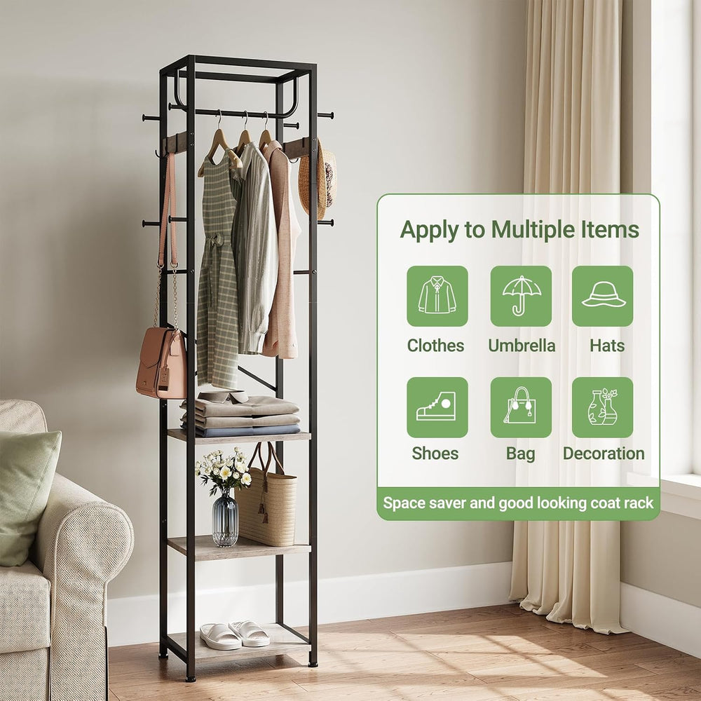 Coat Rack Freestanding, Hall Tree with 3 Shelves and 12 Hooks, Greige