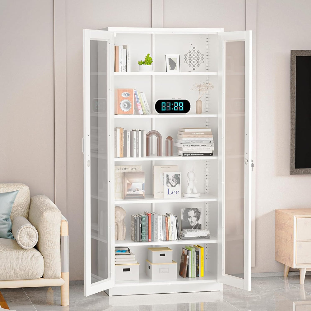 VINGLI Lockable Display Cabinet with Glass Doors & 5 Adjustable Shelves, ...