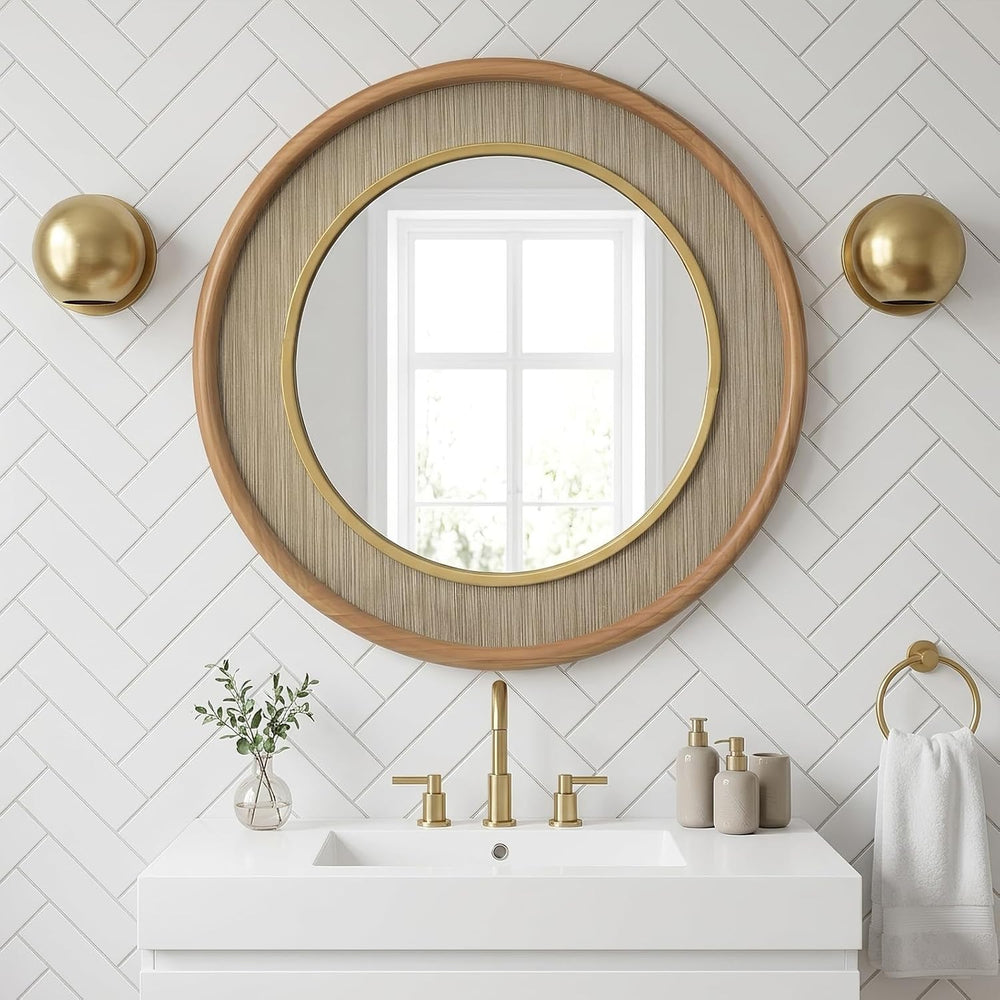sawsile Round Wood Mirror 24" Natural Circle Bathroom Wall Mirrors