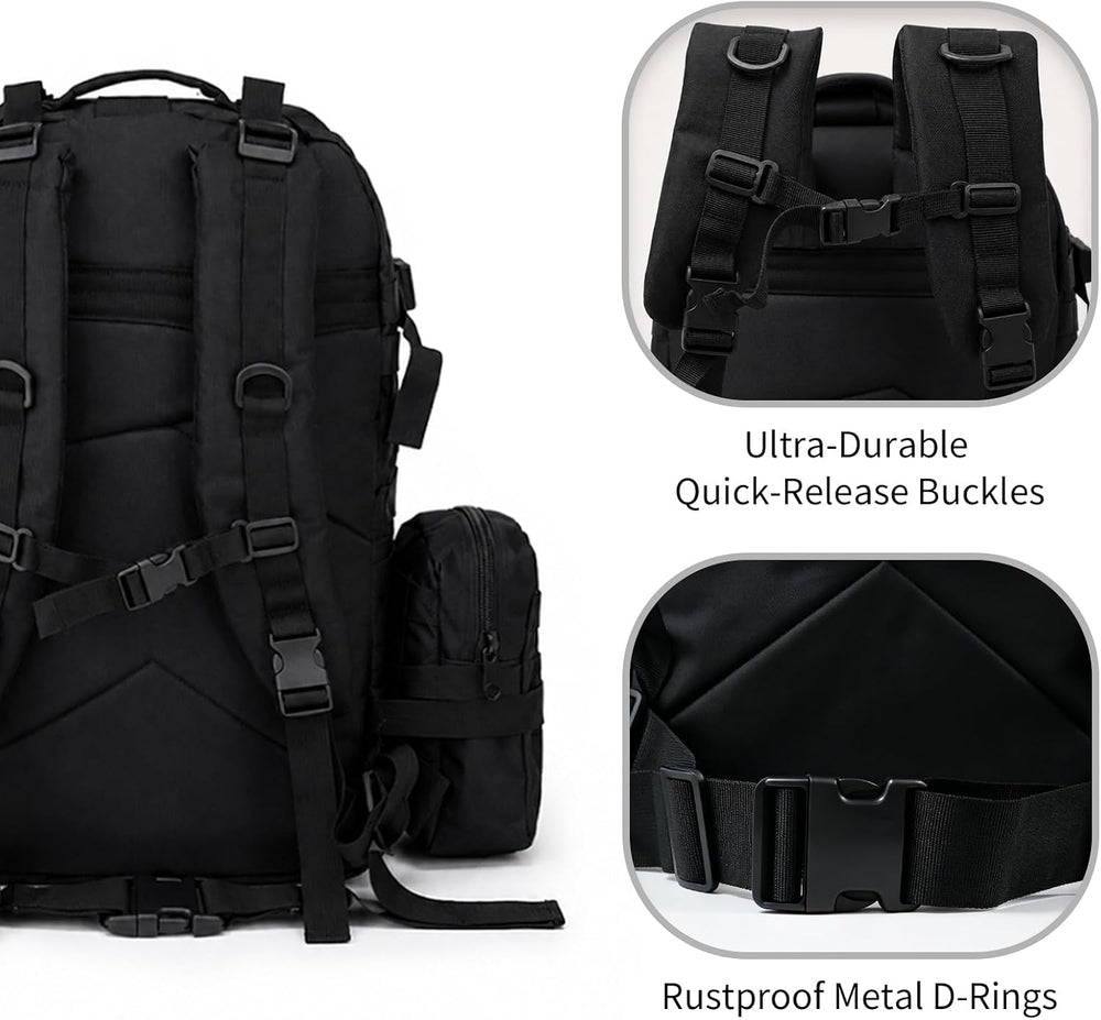 60L Black Military Tactical Backpack with Detachable Molle Bag