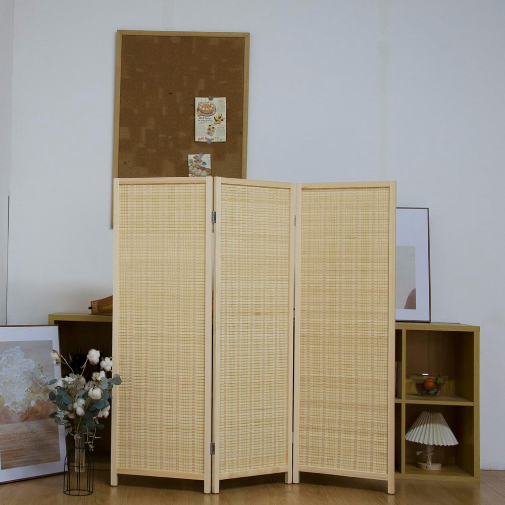 3 Panel Short Panel Divider Screen,3.95 FT Tall Bamboo Room Divider Folding P...