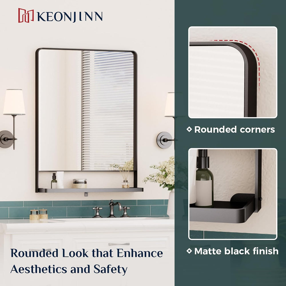 Keonjinn 18 x 28 Inch Black Bathroom Mirror with Shelf, Rust-Resistant