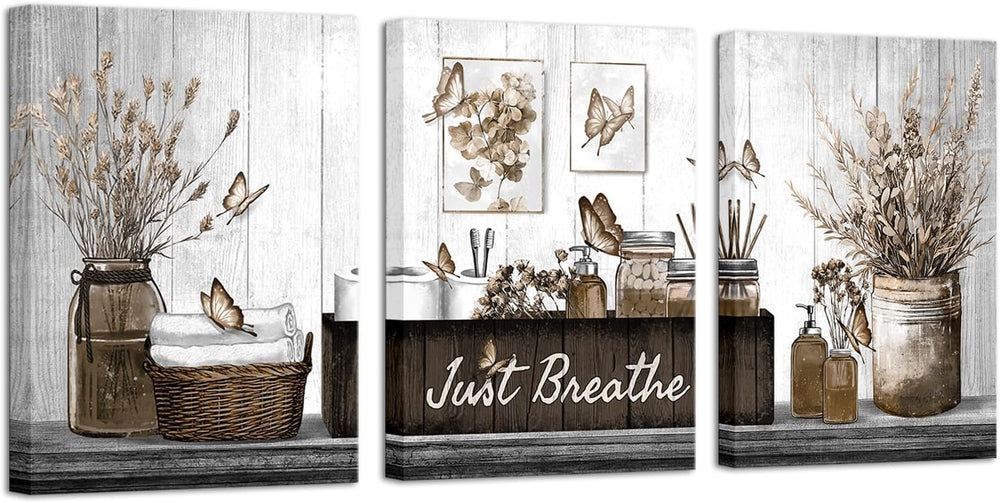 RnnJoile Brown Bathroom Decor Botanical Pictures Wall Art Just Breathe Sign C...