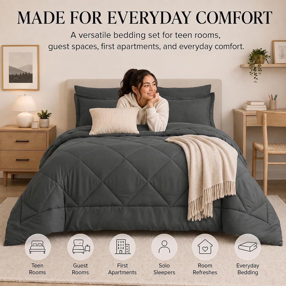 CozyLux Full Comforter Set 82"x86" Dark Grey - 7 Piece Bed in a Bag