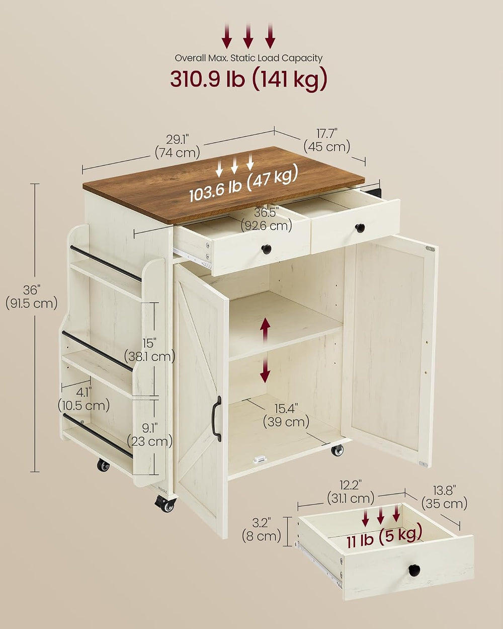 VASAGLE Mobile Kitchen Island with 2 Doors, 2 Drawers