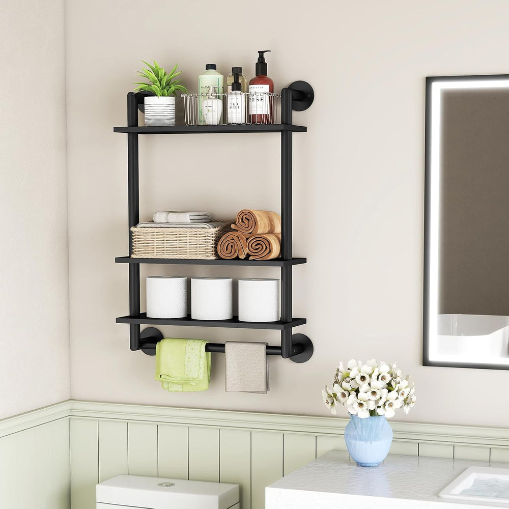 STWWO Bathroom Shelves Wall Mounted, 3 Tier Black Bathroom Shelf with Bar
