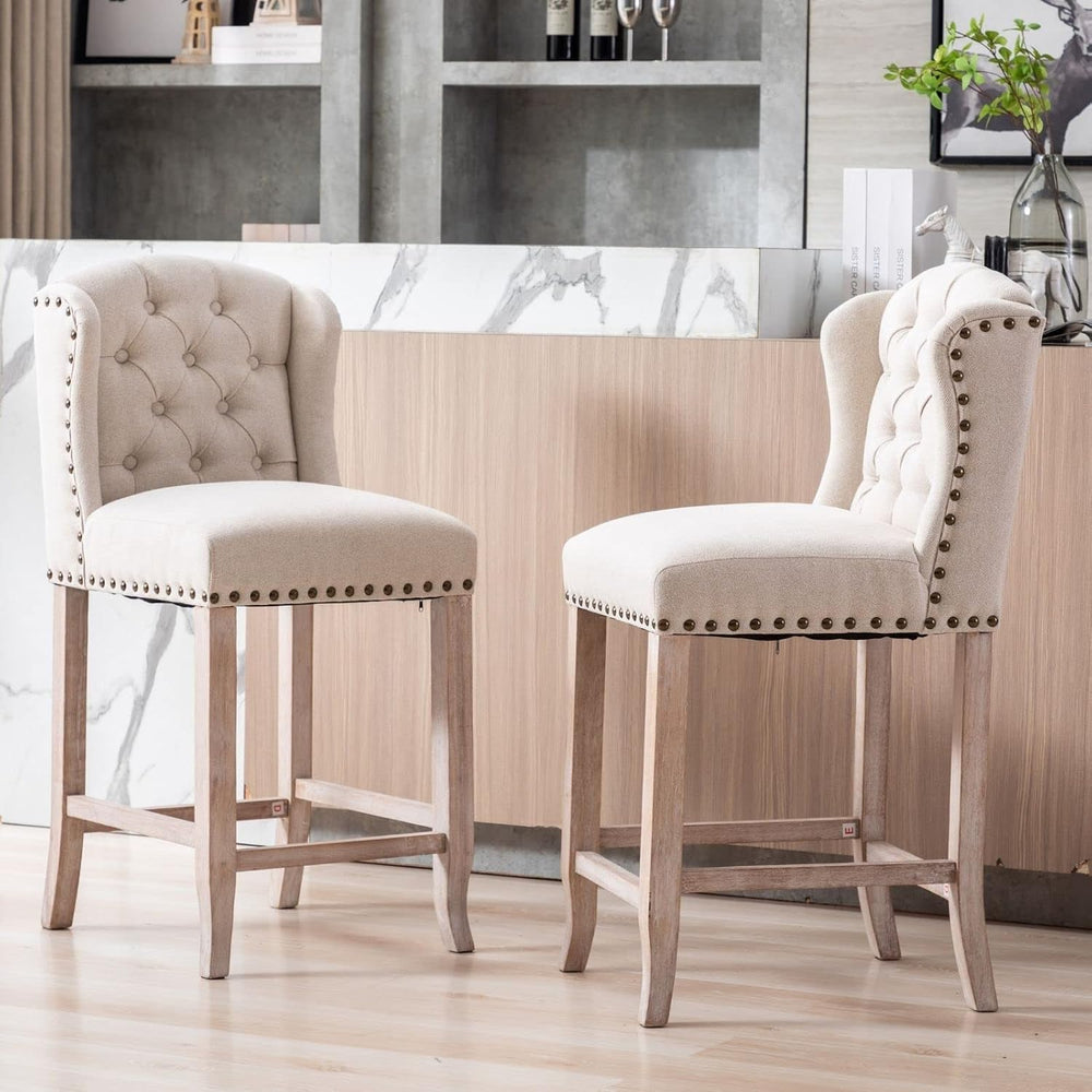 LukeAlon 26" Tufted Wingback Linen Counter Stools Set of 2, Beige
