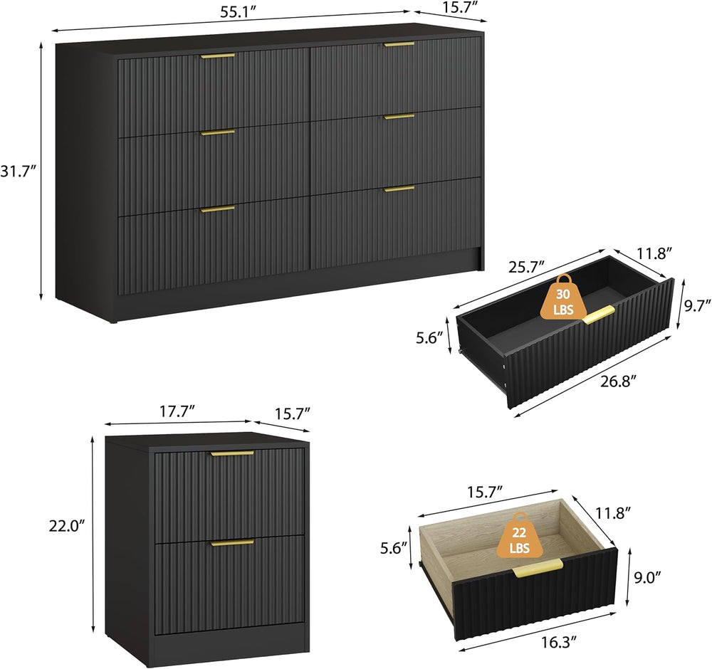 3-Piece Modern Bedroom Furniture Set, Black丨6-Drawer Dresser & 2-Drawer N...