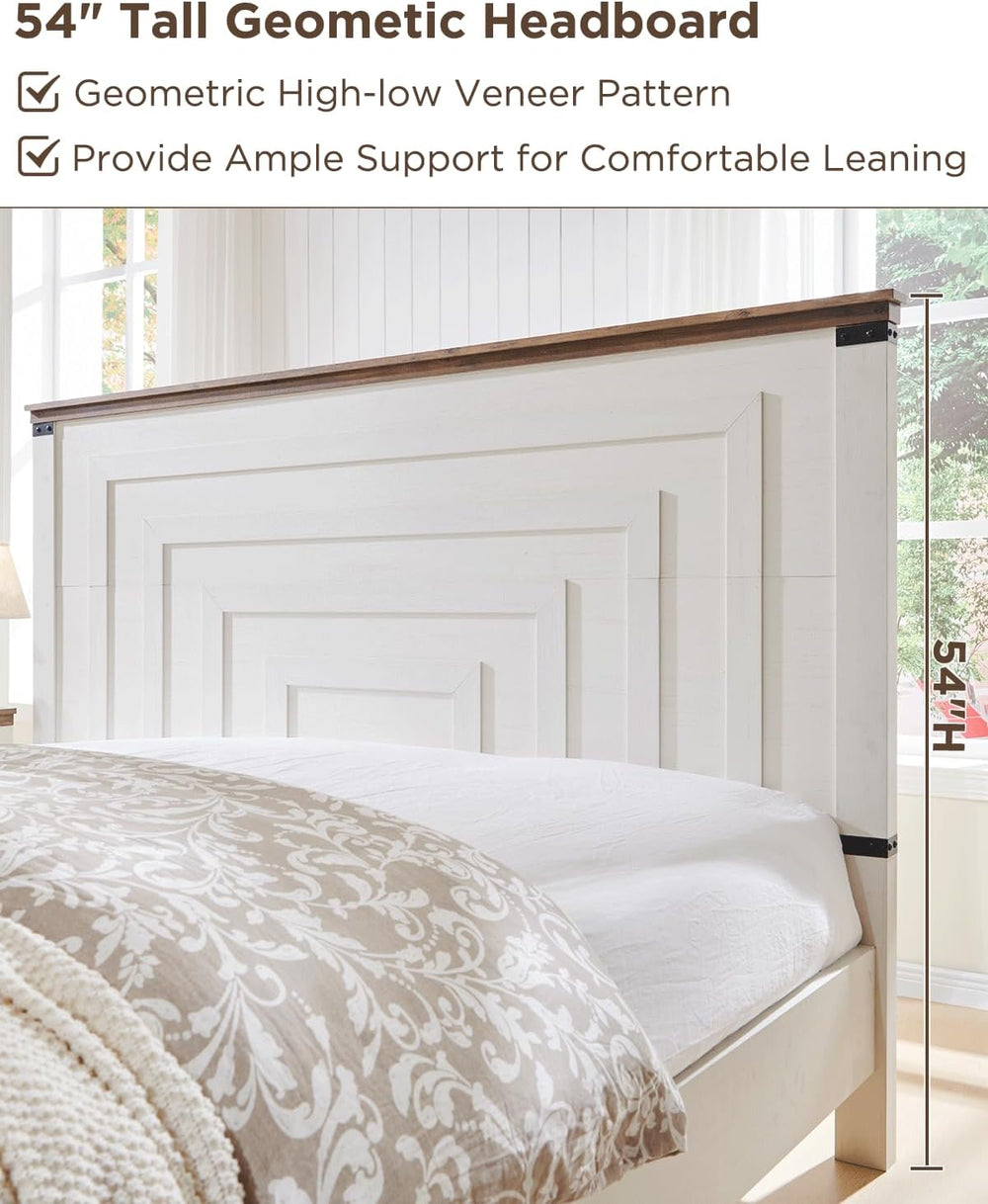 T4TREAM 54" Tall Farmhouse Queen Size Bed Frame, Antique White