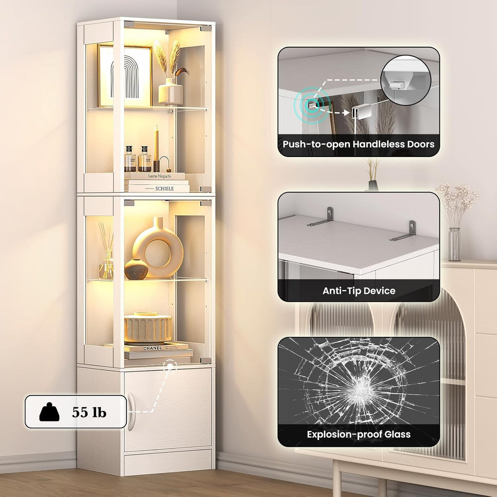 Display Cabinet with Glass Doors, RGB Lighting & Bottom Storage, White