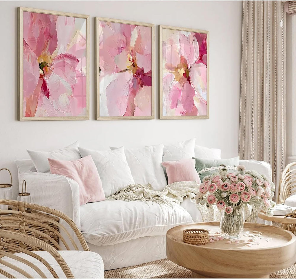 Abstract Floral Wall Art Pink Flower Canvas Pictures Modern Wall Decor Blush ...