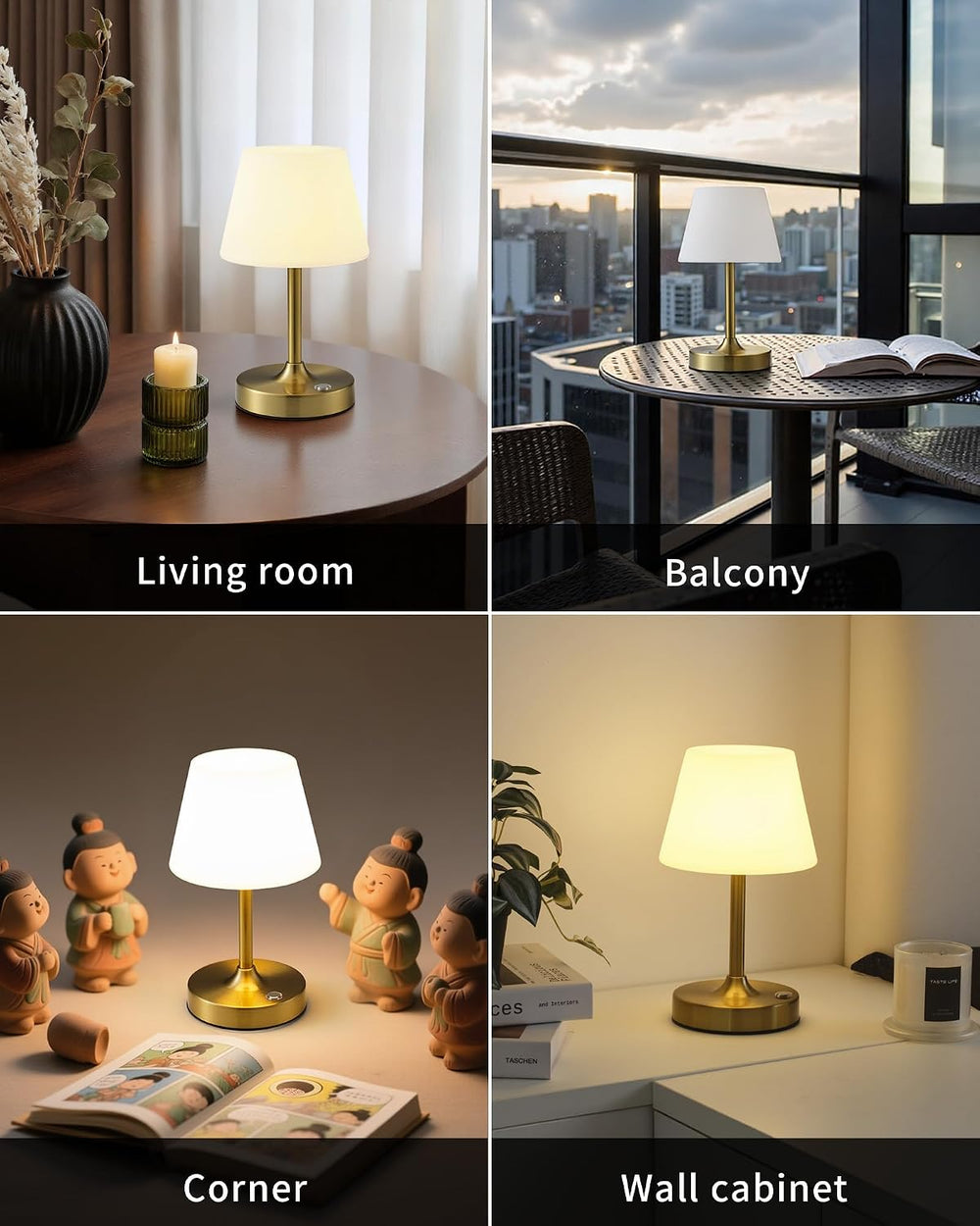 PUSU Cordless LED Gold Small Table Lamp, Waterproof Shower Desk lamp