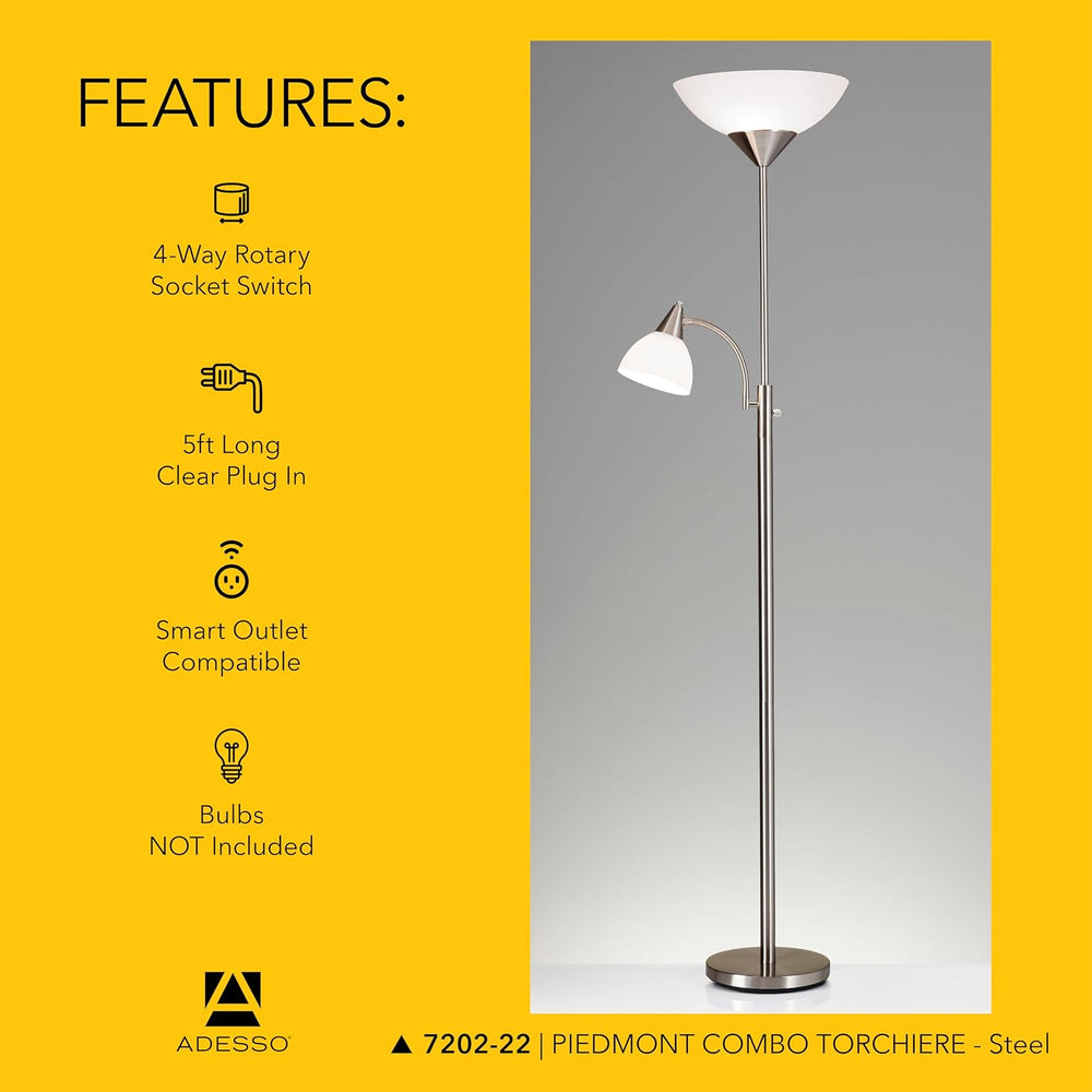 Adesso Floor Lamp, Brushed Steel, Dual-Socket, Adjustable Reading Light 71”