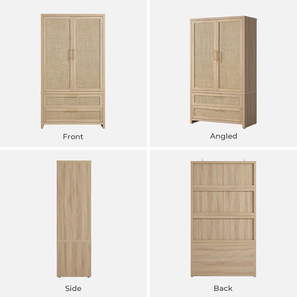 SICOTAS 71 inch Rattan Wardrobe Closet, Boho Armoire Wardrobe with Drawers