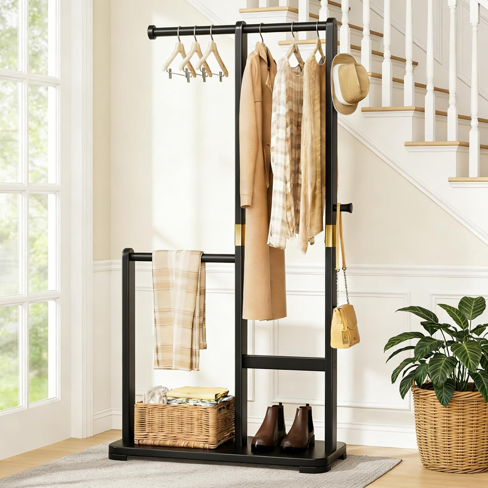 Solid Wood Coat Rack, Freestanding Standing Clothes Rack with Double Hanging ...
