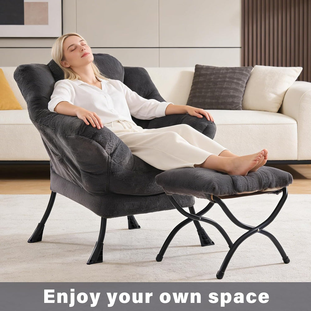 Plush Lazy Chair and Ottoman, Large Dark Grey Contemporary Accent Chair with ...
