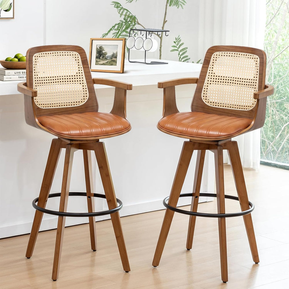 Mid Century Modern Bar Stools, Bar Height Swivel Chairs with Rattan Back