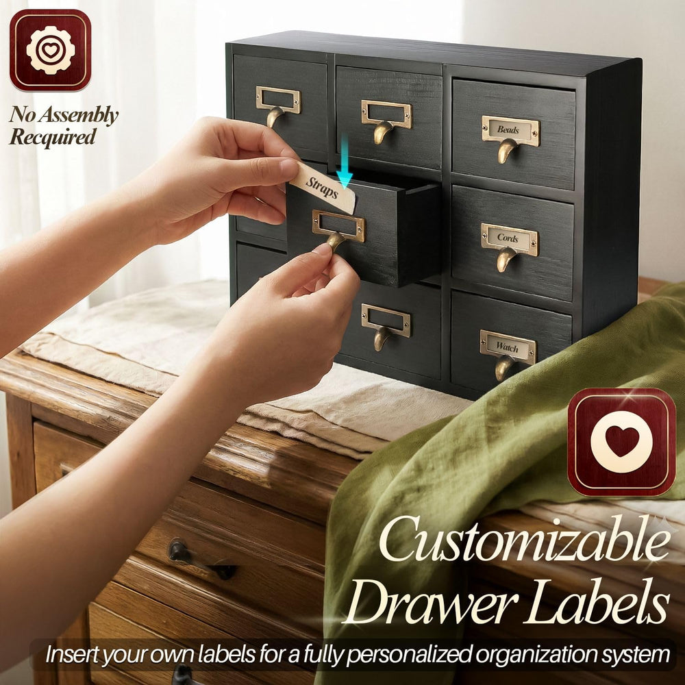 Flexzion Apothecary Cabinet with 9 Drawers, Black Card Catalog Cabinet