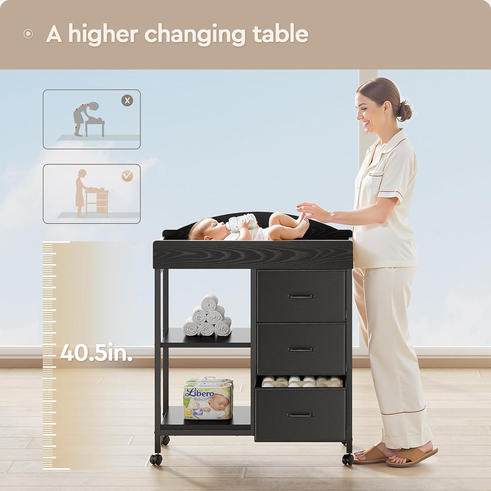 Yetom Changing Table, 3 Drawers&2 Shelves, Changing Table Dresser, Black