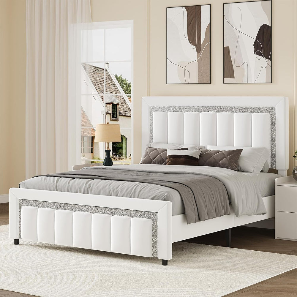 HOMBCK Full Size Bed Frame with Velvet Upholstered Headboard, White