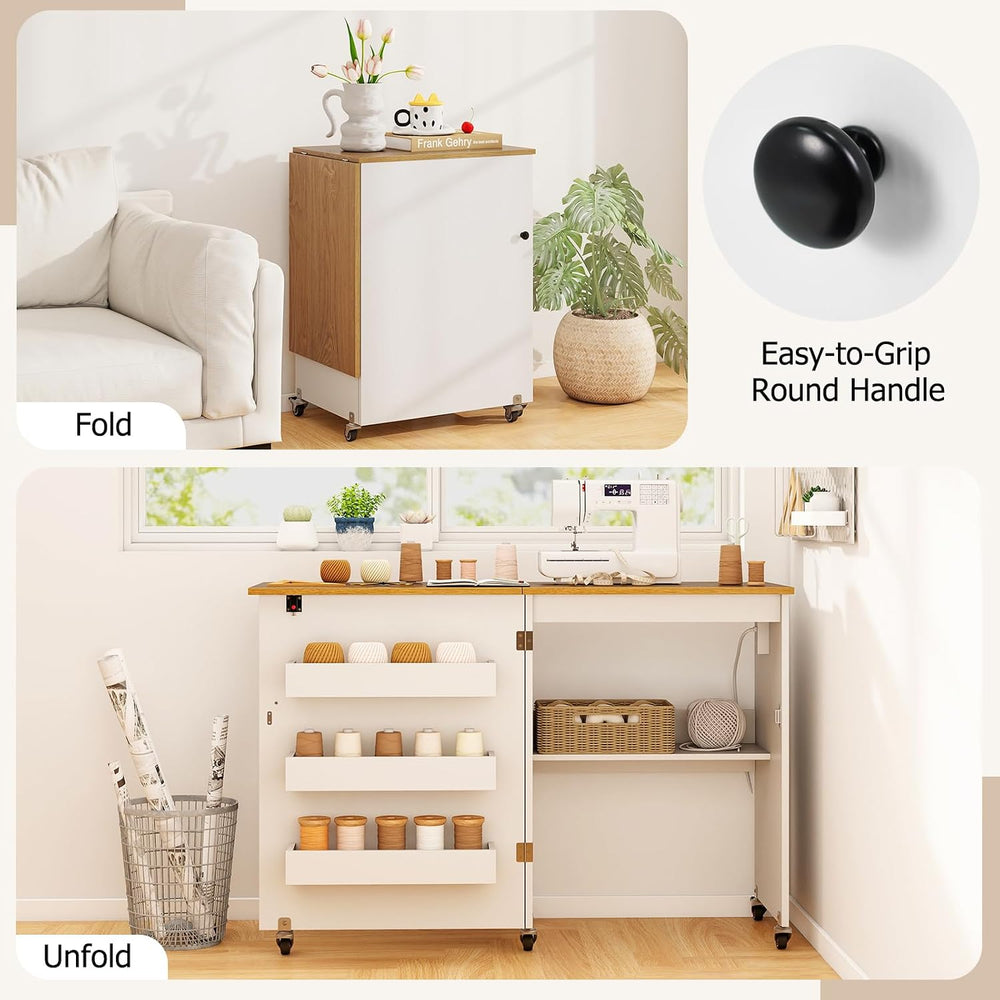 COSTWAY Folding Sewing Table with Charging Station, White & Natural