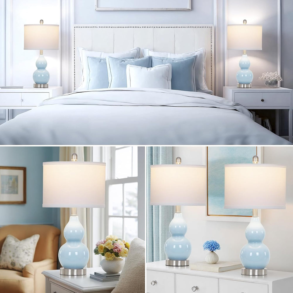 22" Double Gourd Ceramic Table Lamps Set of 2, Blue Modern Bedside Lamps...