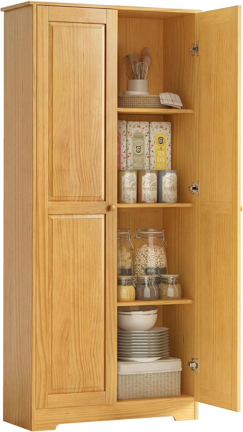 HOMCOM 67" Solid Wood Kitchen Pantry Storage Cabinet with Doors Brown