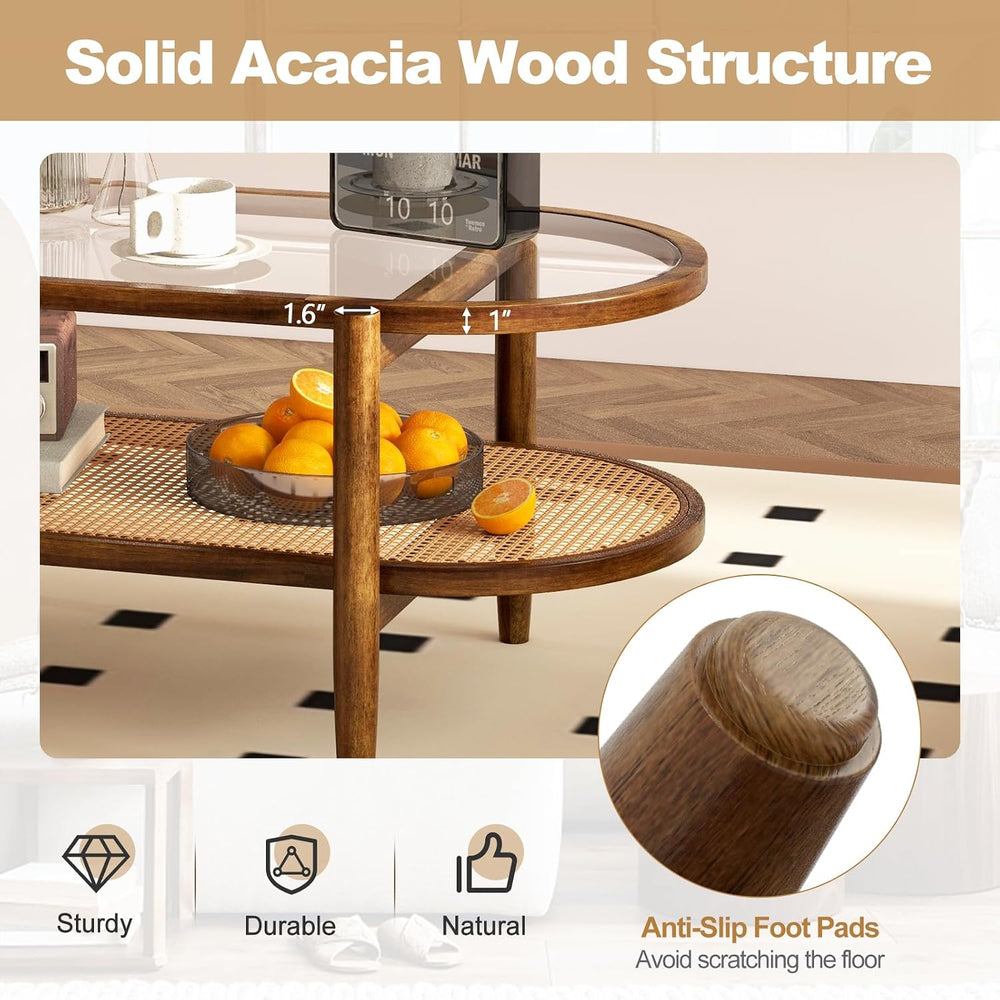KOTEK Oval 2-Tier Rattan Coffee Table with Curved Wood Frame (Brown)