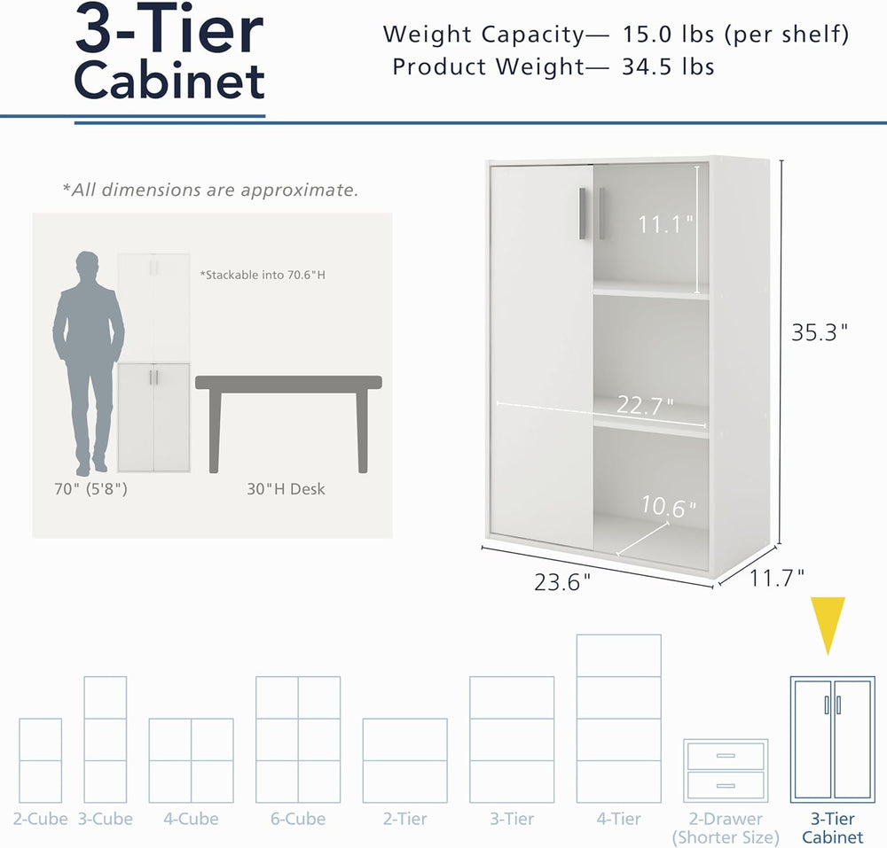 Homes: Inside + Out Apexa 3-Tier Stackable Wood Bookcase with Doors, Cube Sto...