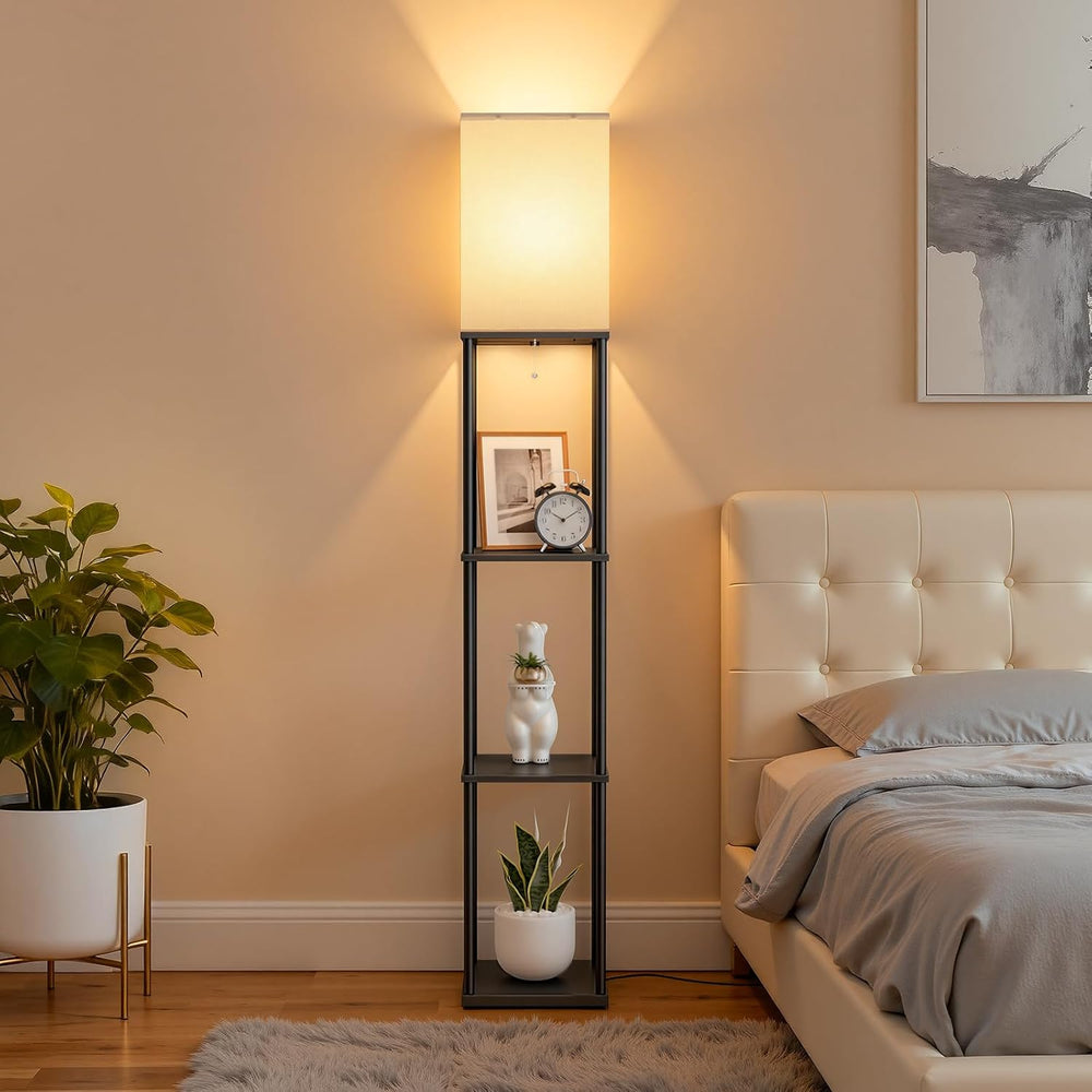 Floor Lamp with Shelves, 3-Tier Modern Square Bookshelf Standing Lamp Black