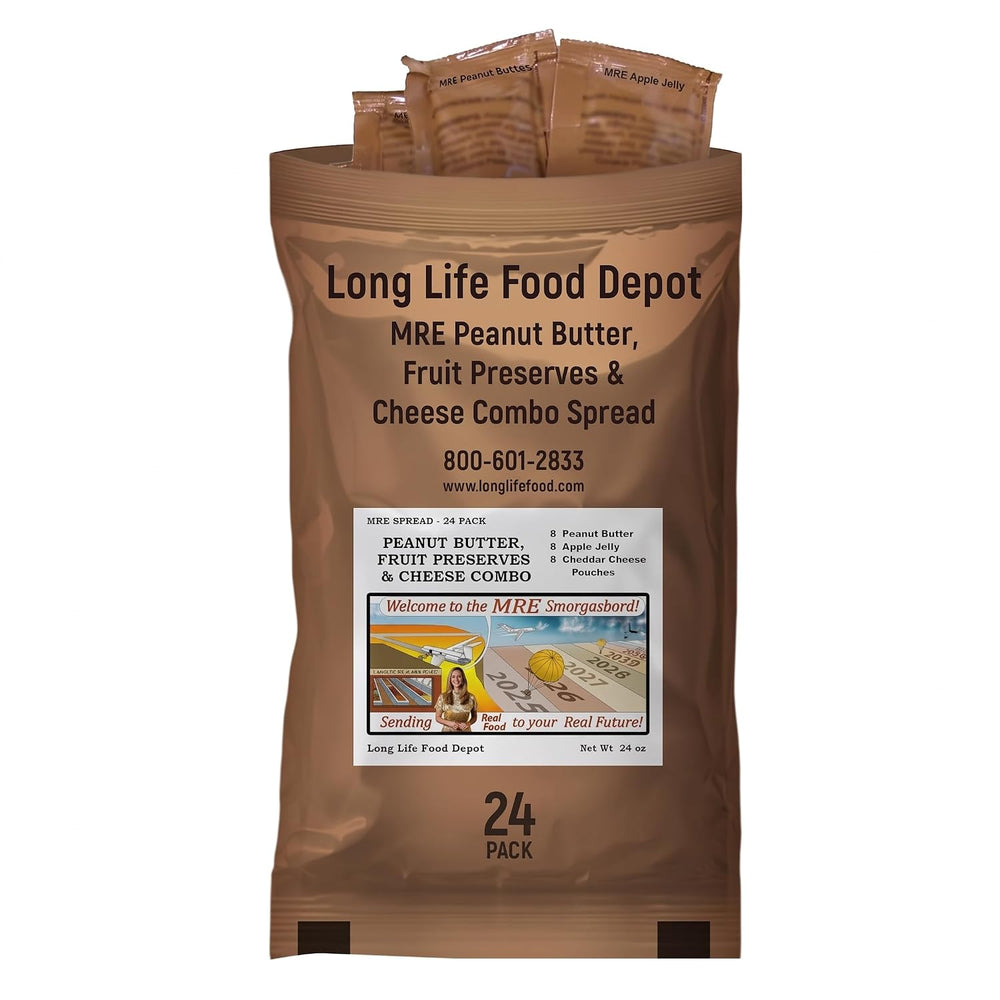 MRE Peanut Butter, Jam & Cheese Spread Combo (24-Pack), Long Shelf Life