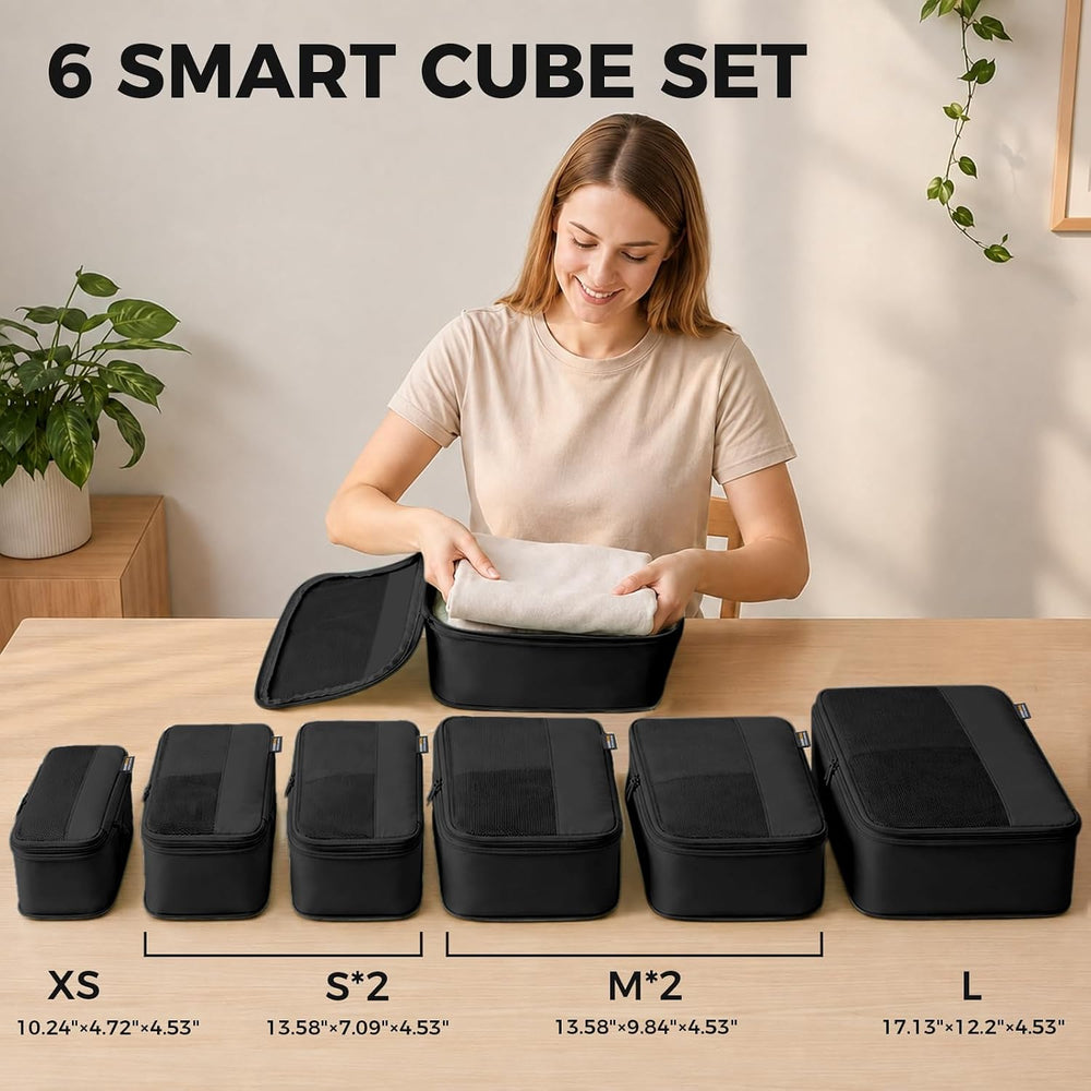 6 Piece Compression Packing Cubes for 7–14 Day Travel, Jet Black