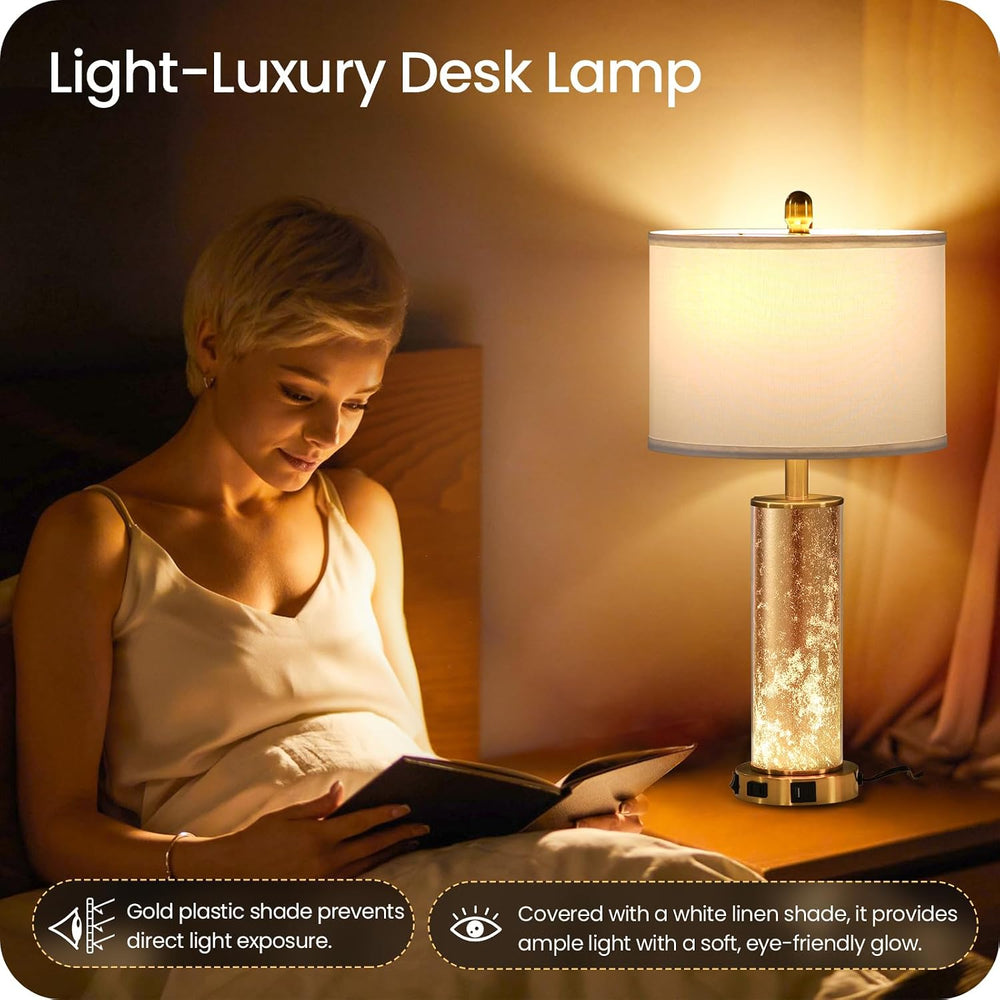 25.6" Gold Table Lamps Set of 2, Tall Bedside Lamps with Nightlight, Mod...