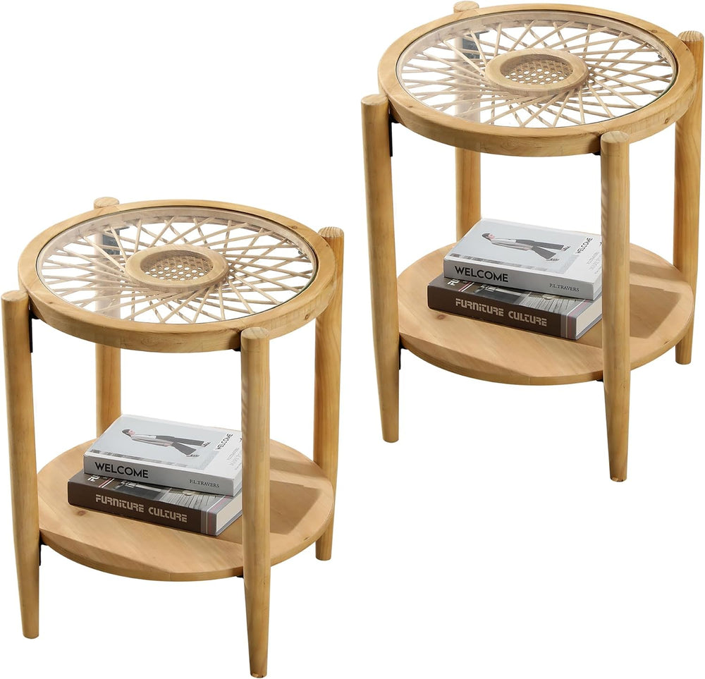 RUSTOWN Rattan Nightstands Set of 2, Boho Round End Tables with Glass Top