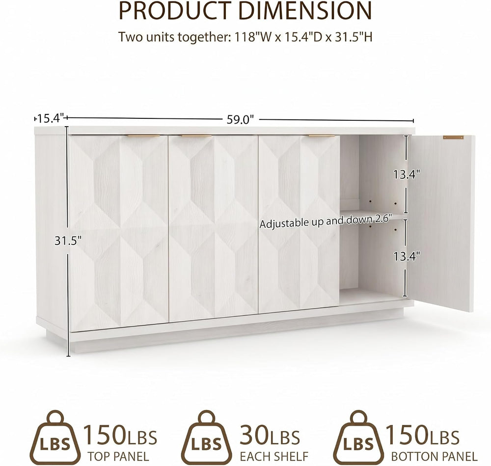 Yechen 59" W Sideboard Buffet Cabinet with 3D Geometric Doors, White Oak
