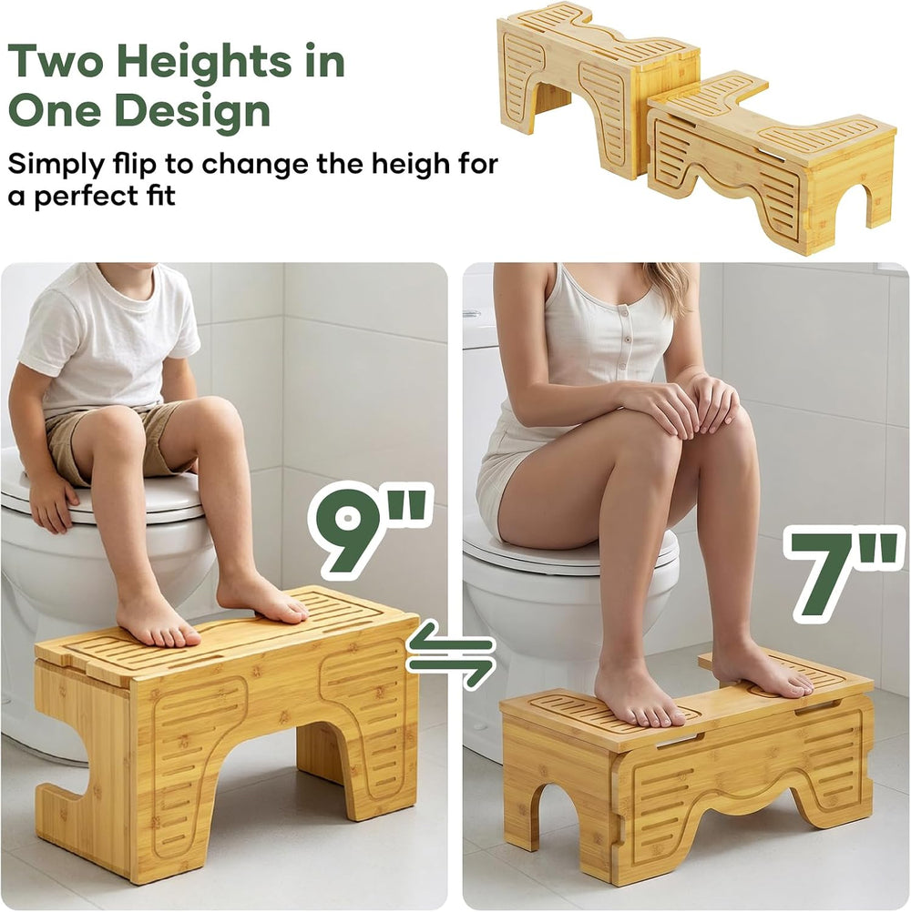Bamboo Toilet Stool Adjustable Heights,Foldable Potty Stool for Adult