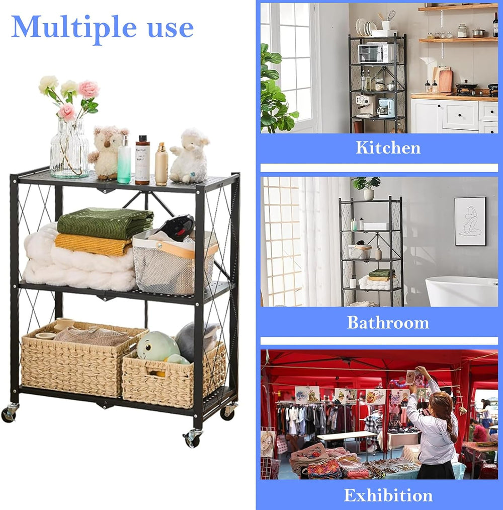 3-Tier Foldable Storage Shelf with Wheels, Metal Collapsible Shelving Unit, R...