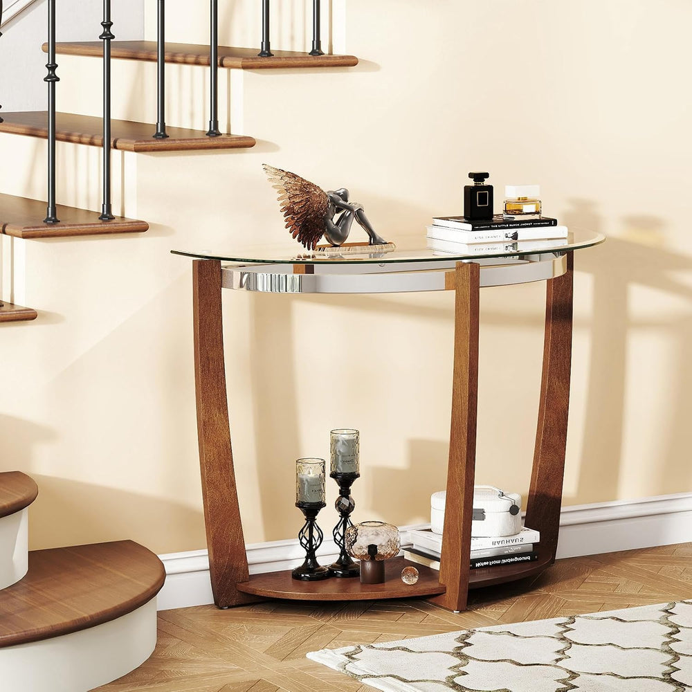 GIANTEX 2-Tier Glass Console Table, Half Moon Modern Entryway Table
